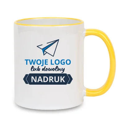 Kubek z żółtym rantem i uszkiem – z nadrukiem